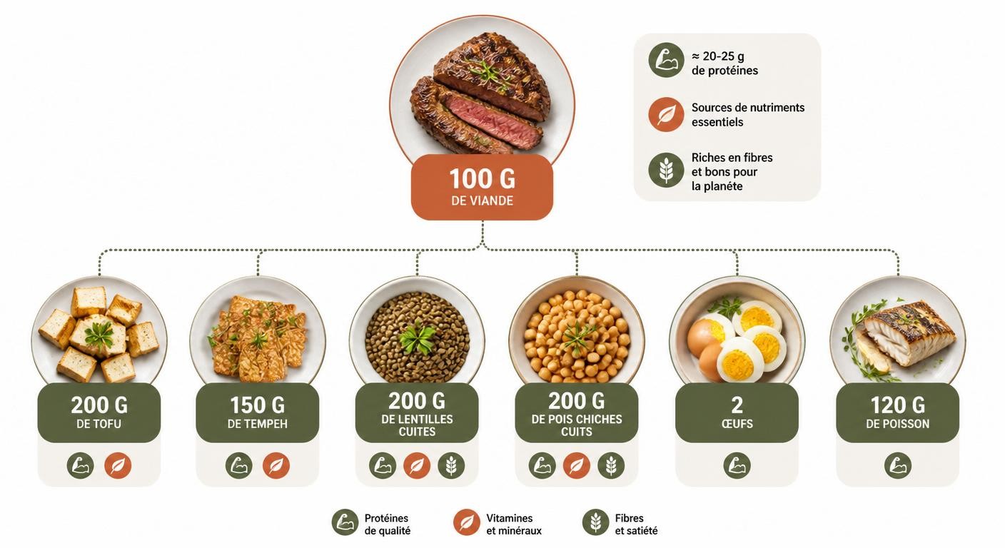Équivalences végétales pour 100 g de viande