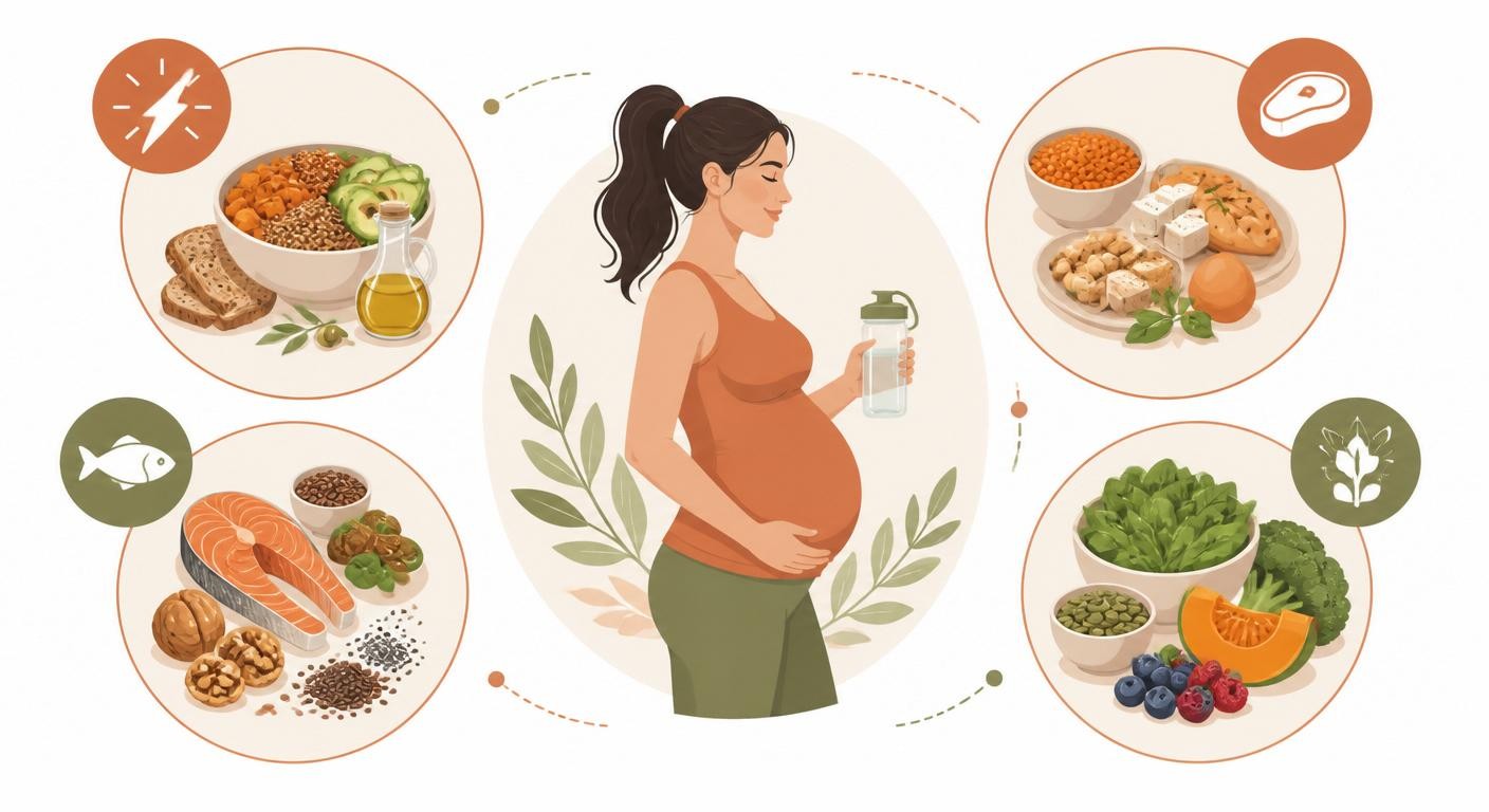 Infographie des quatre piliers nutritionnels de la femme enceinte sportive