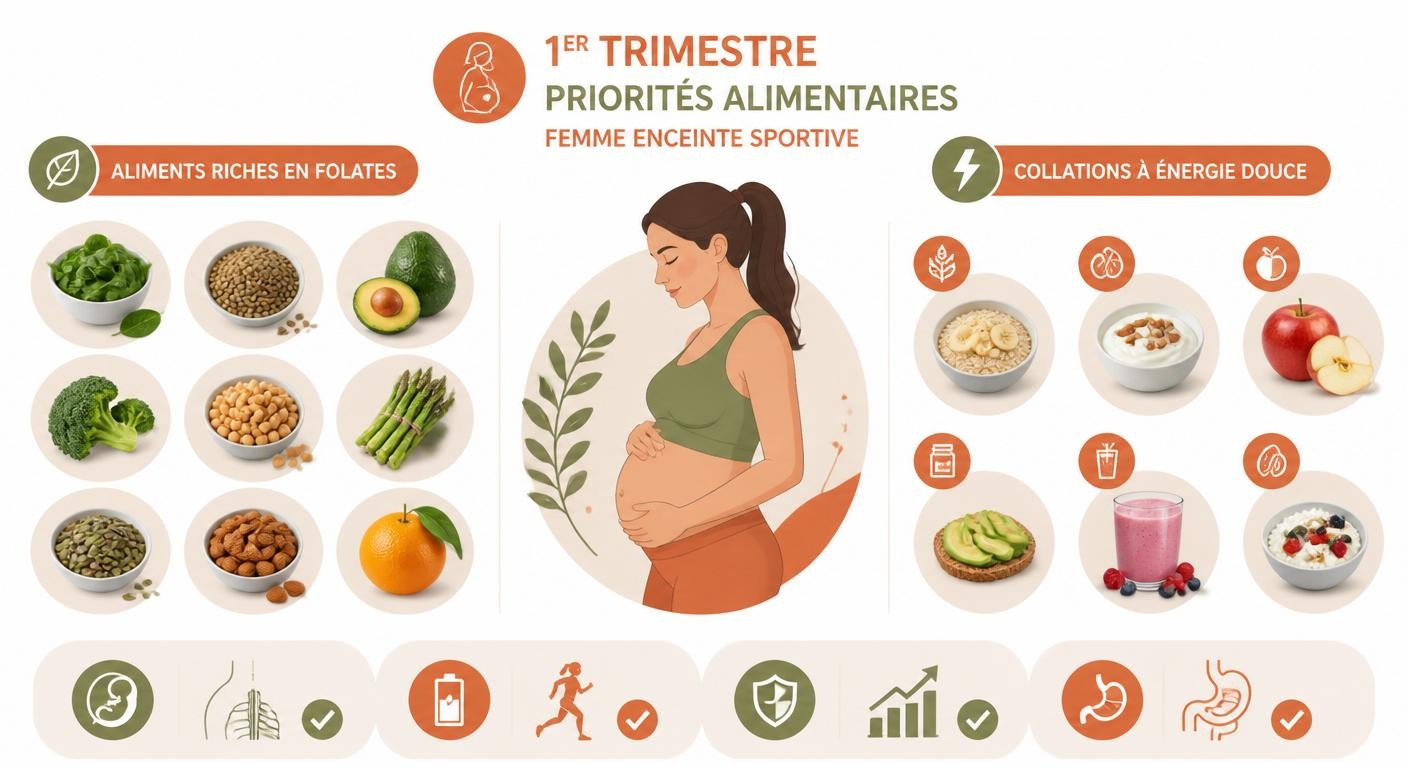 Infographie des priorités alimentaires du premier trimestre pour une femme enceinte sportive