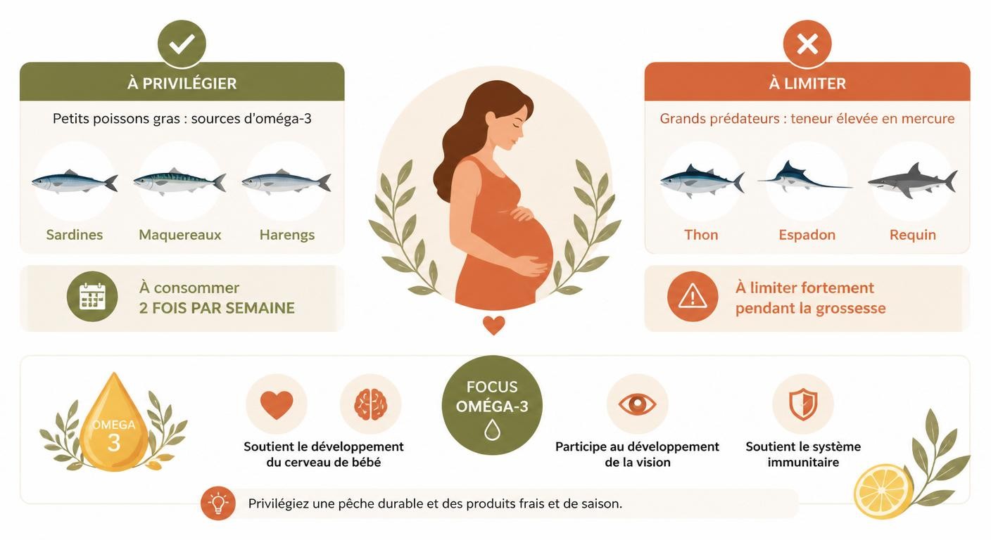 Infographie des poissons à privilégier et à limiter pendant la grossesse selon leur teneur en mercure