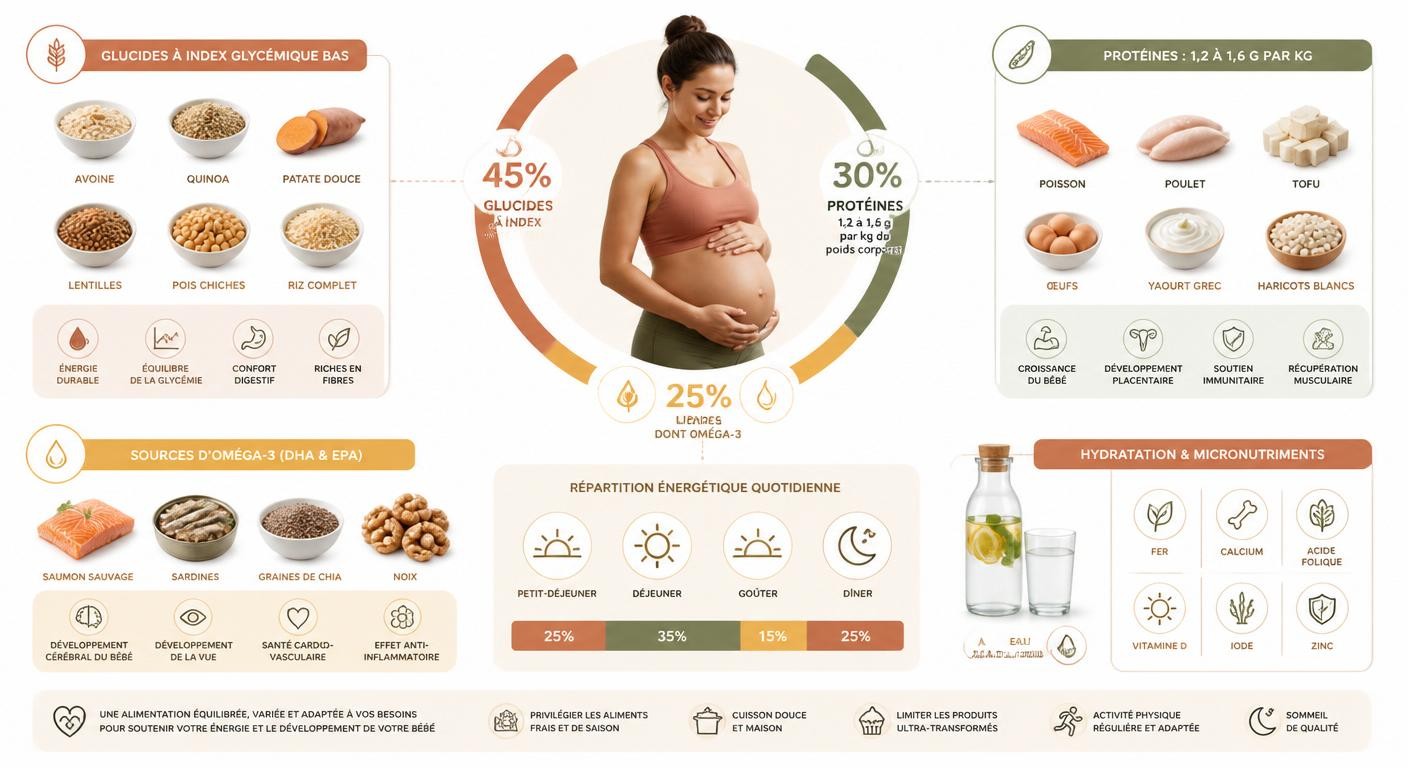 Infographie de la répartition des macronutriments de la femme enceinte sportive