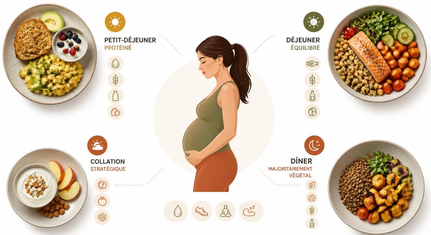 Infographie du menu type d'une journée pour une femme enceinte sportive