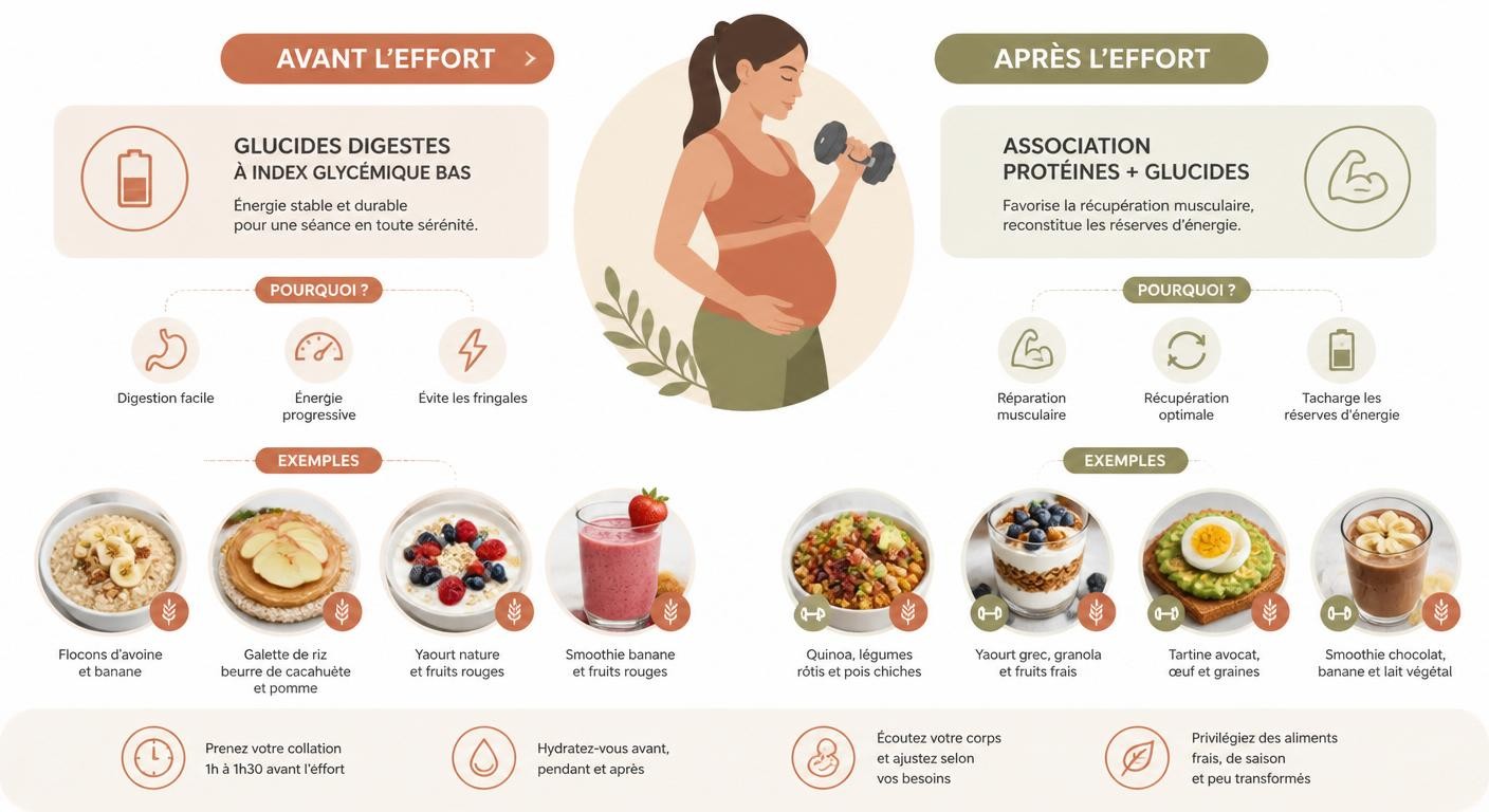 Infographie des collations pré et post-séance pendant la grossesse