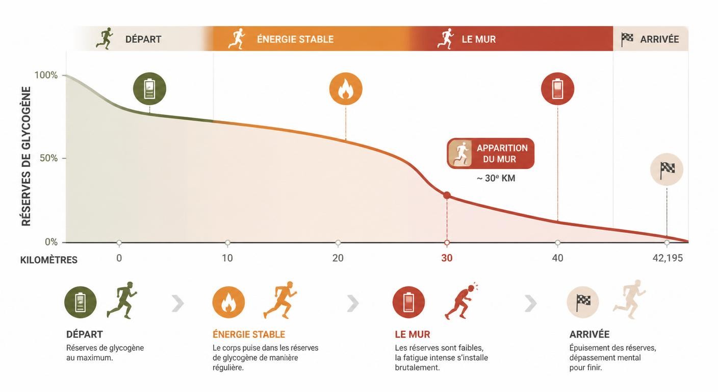 Courbe d'épuisement du glycogène et apparition du mur du marathon