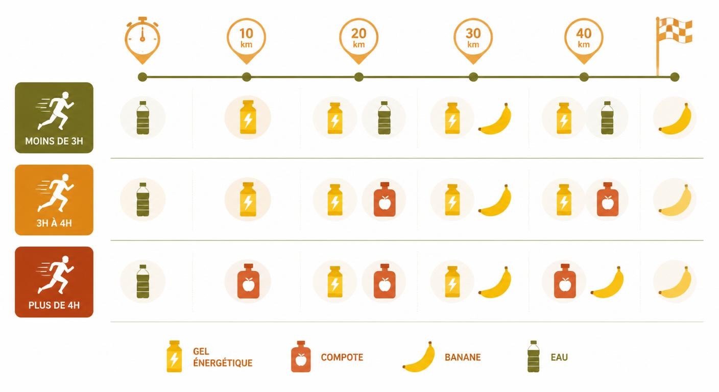 Chronologie des ravitaillements pendant un marathon par profil d'allure