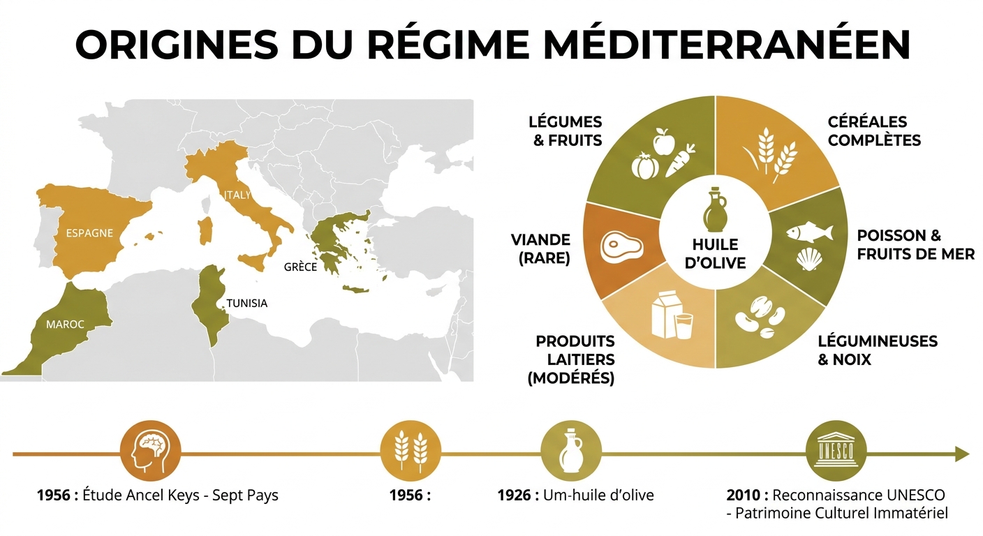 Infographie sur les origines et principes du régime méditerranéen