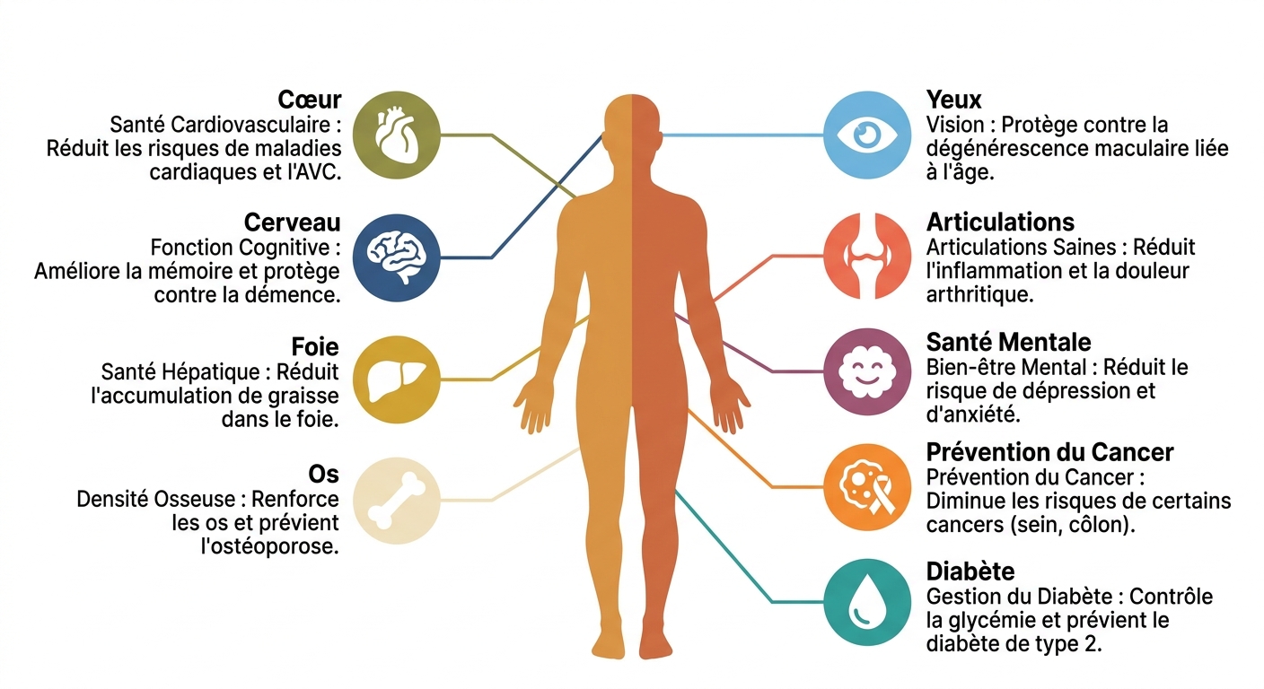 Infographie des 9 bienfaits prouvés du régime méditerranéen sur la santé