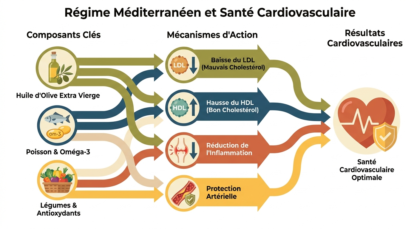 Schéma de l'impact du régime méditerranéen sur le système cardiovasculaire