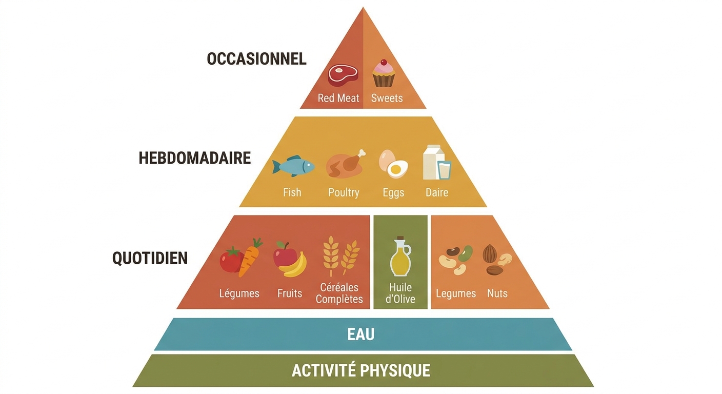 Pyramide alimentaire du régime méditerranéen avec aliments par fréquence