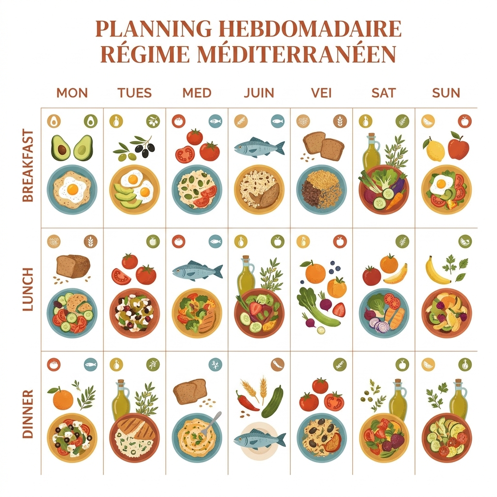 Planning d'une semaine type de régime méditerranéen avec repas détaillés