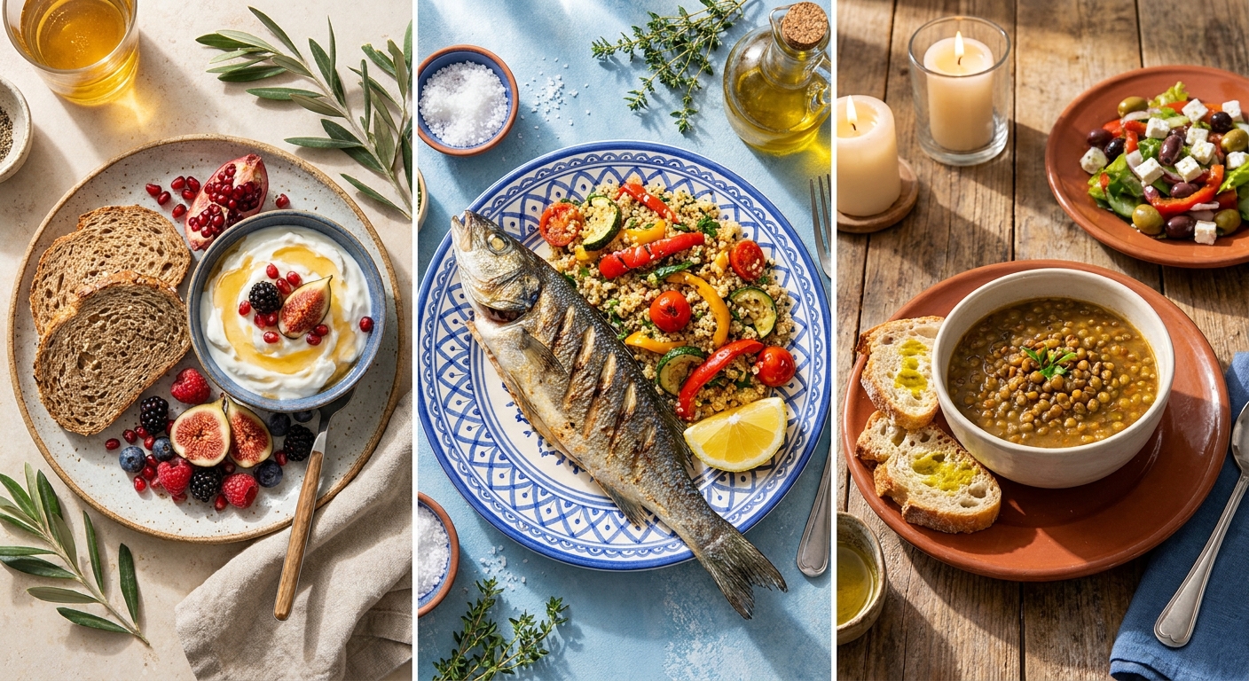 3 exemples de repas méditerranéens pour le petit-déjeuner, le déjeuner et le dîner