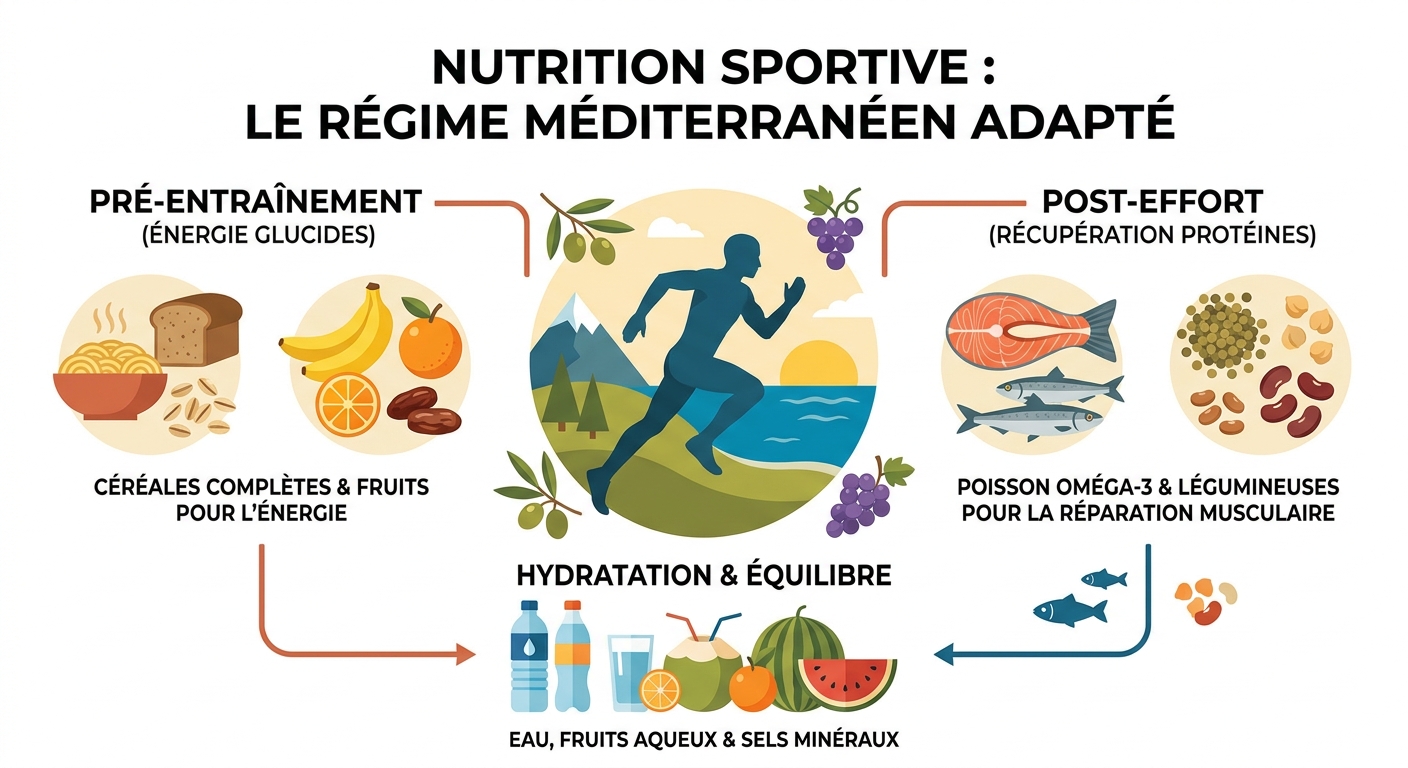 Infographie sur l'adaptation du régime méditerranéen pour les sportifs