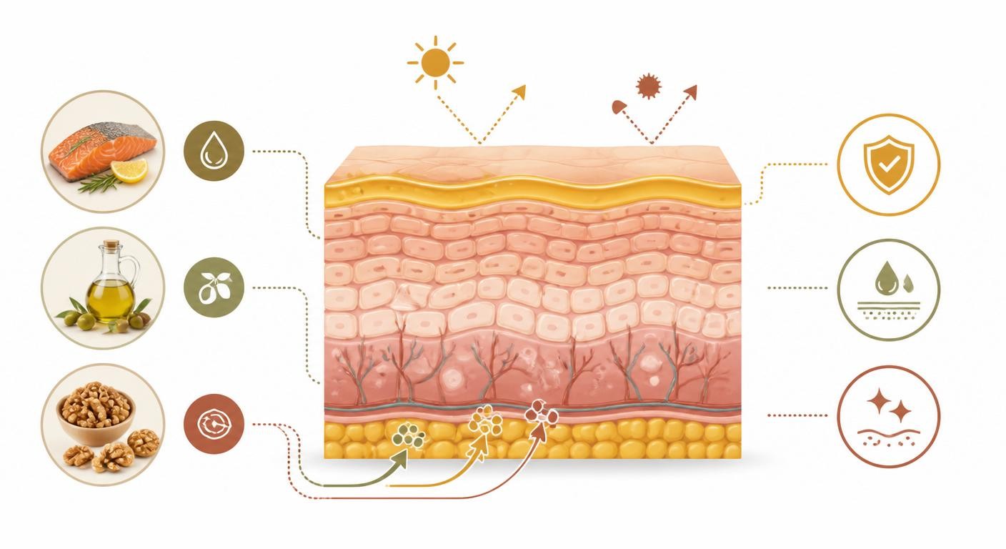 Infographie du rôle de l'alimentation sur la barrière cutanée de la peau sèche