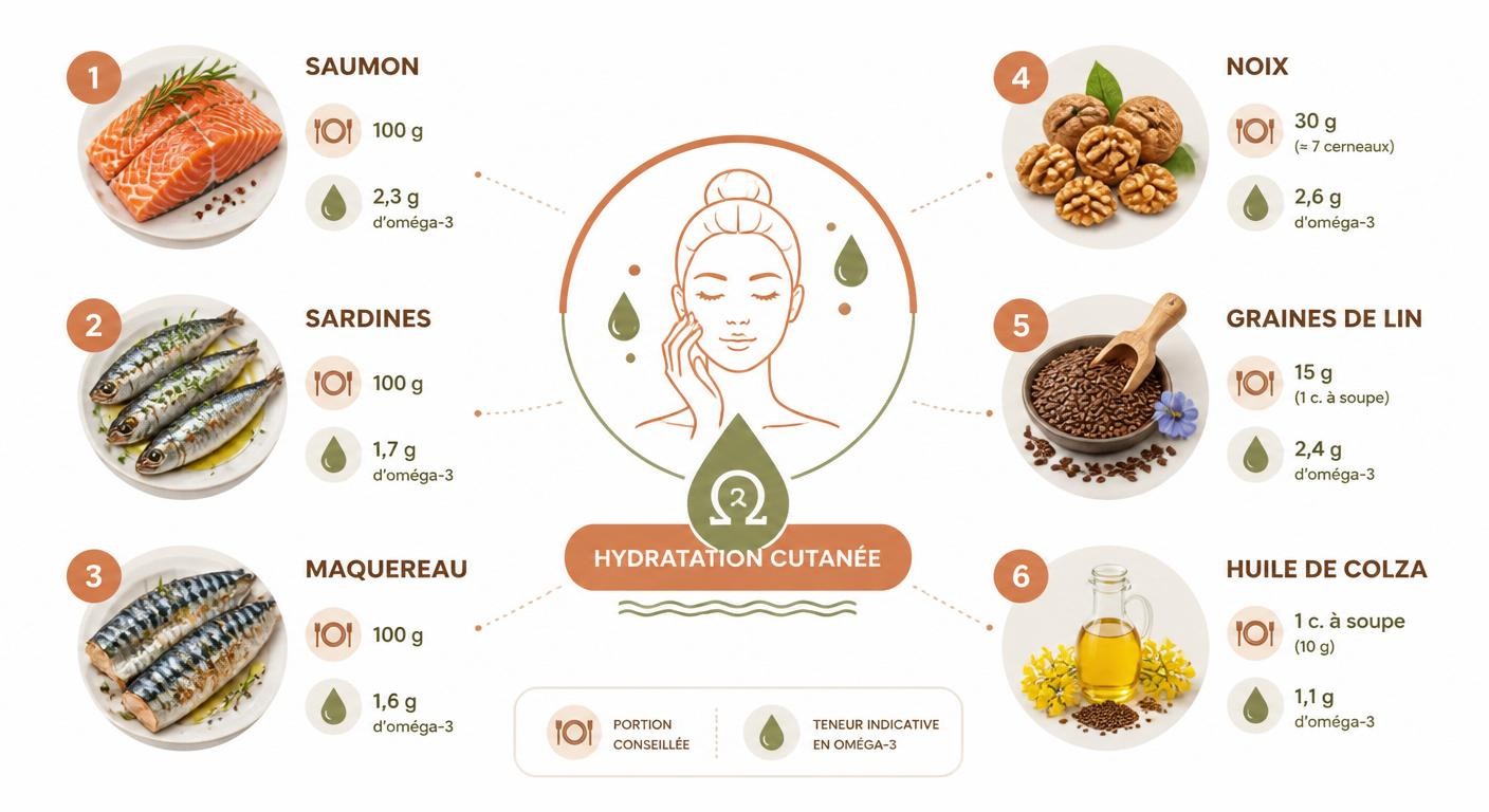Infographie des aliments riches en oméga-3 pour hydrater la peau sèche
