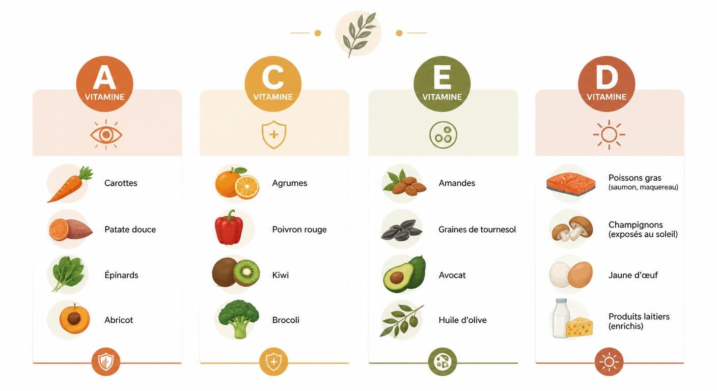 Infographie des vitamines essentielles contre la peau sèche et leurs sources alimentaires
