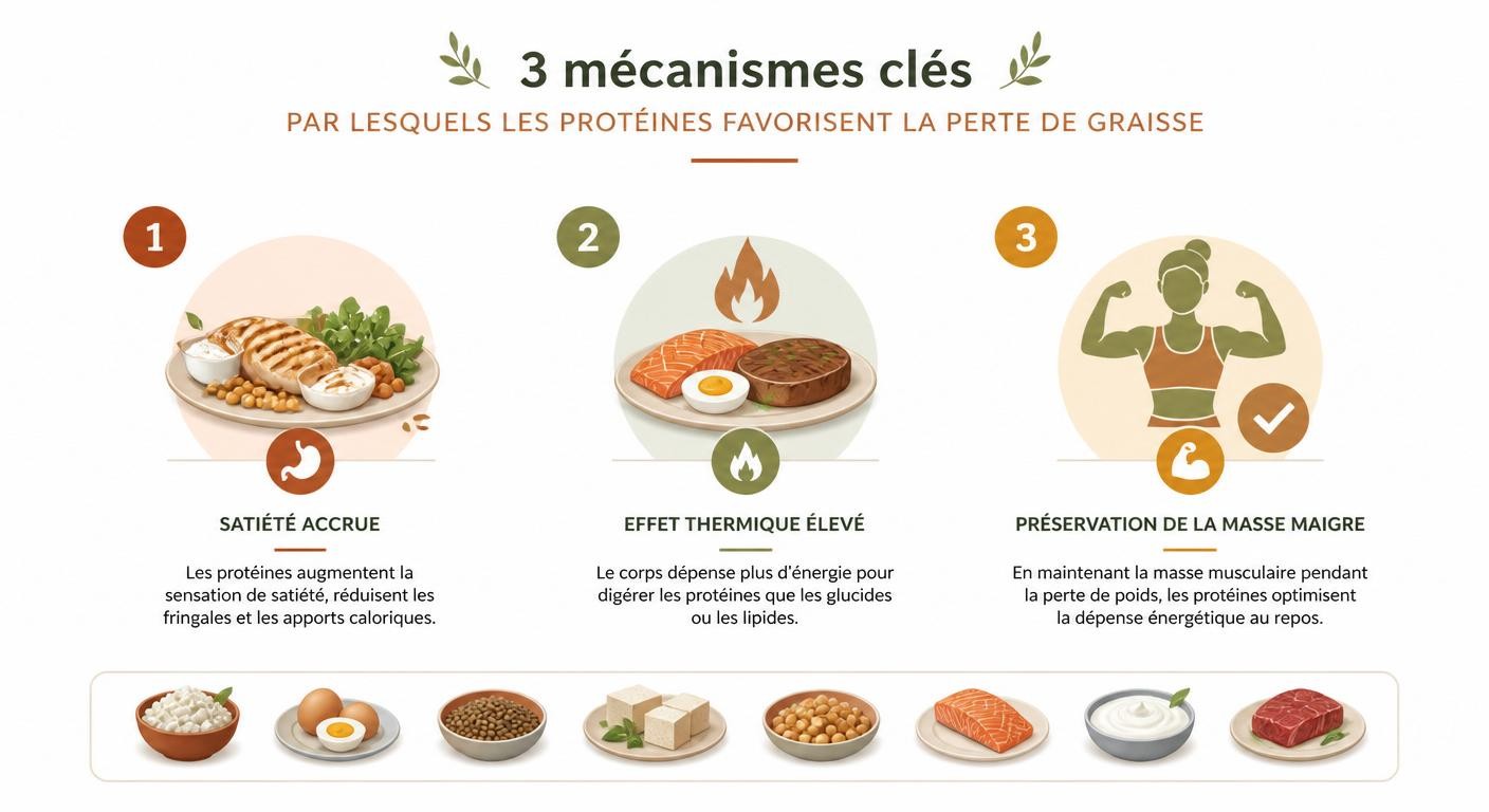 Infographie des trois mécanismes par lesquels l'alimentation protéinée favorise la perte de poids