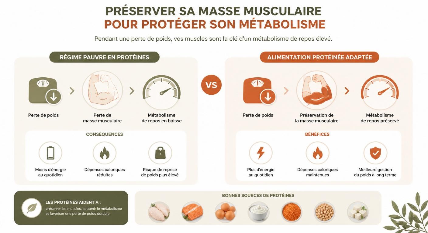Infographie de l'impact de la préservation de la masse maigre sur le métabolisme de repos pendant l'amaigrissement