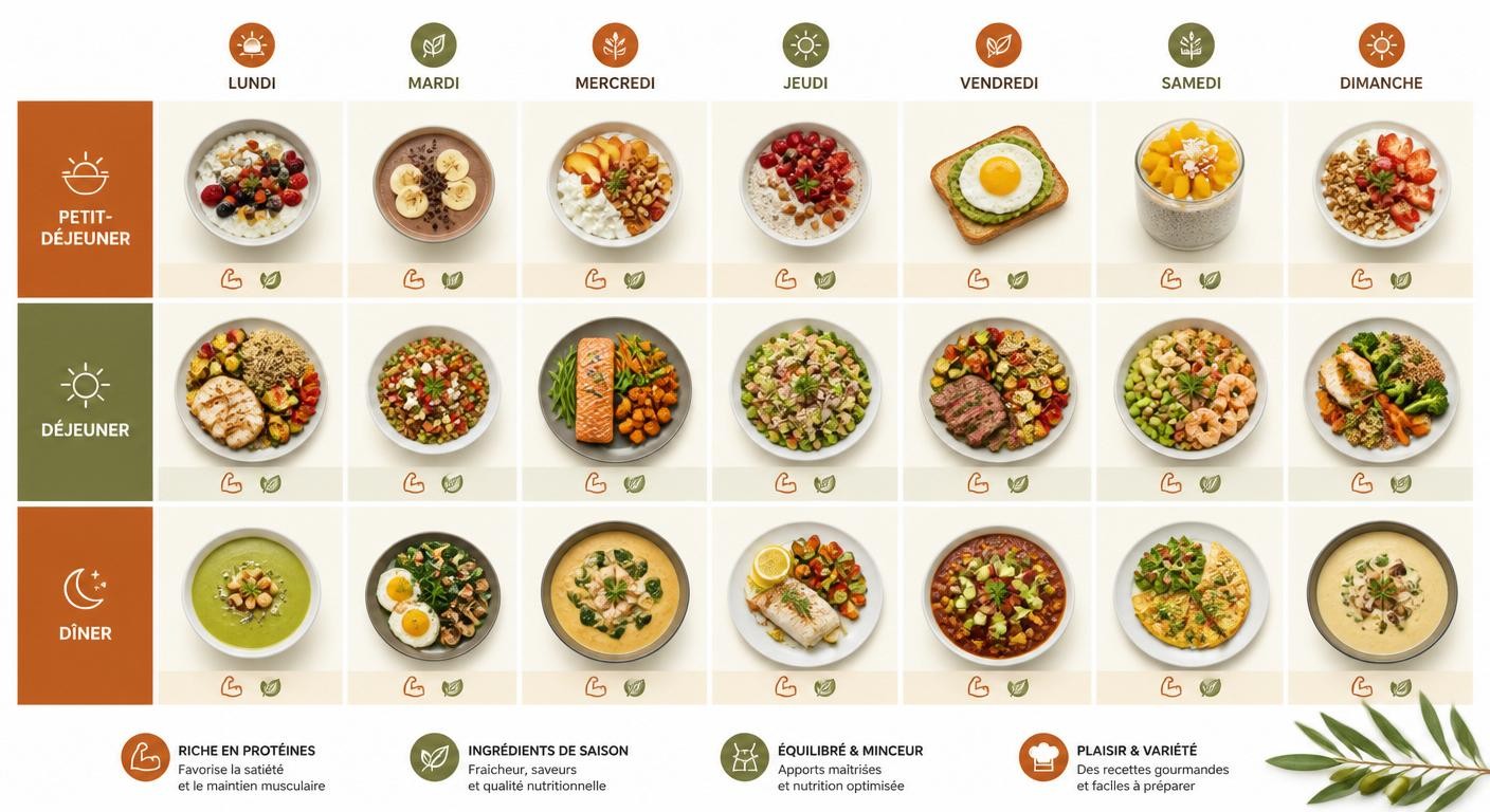 Infographie du menu semaine protéiné minceur sur sept jours