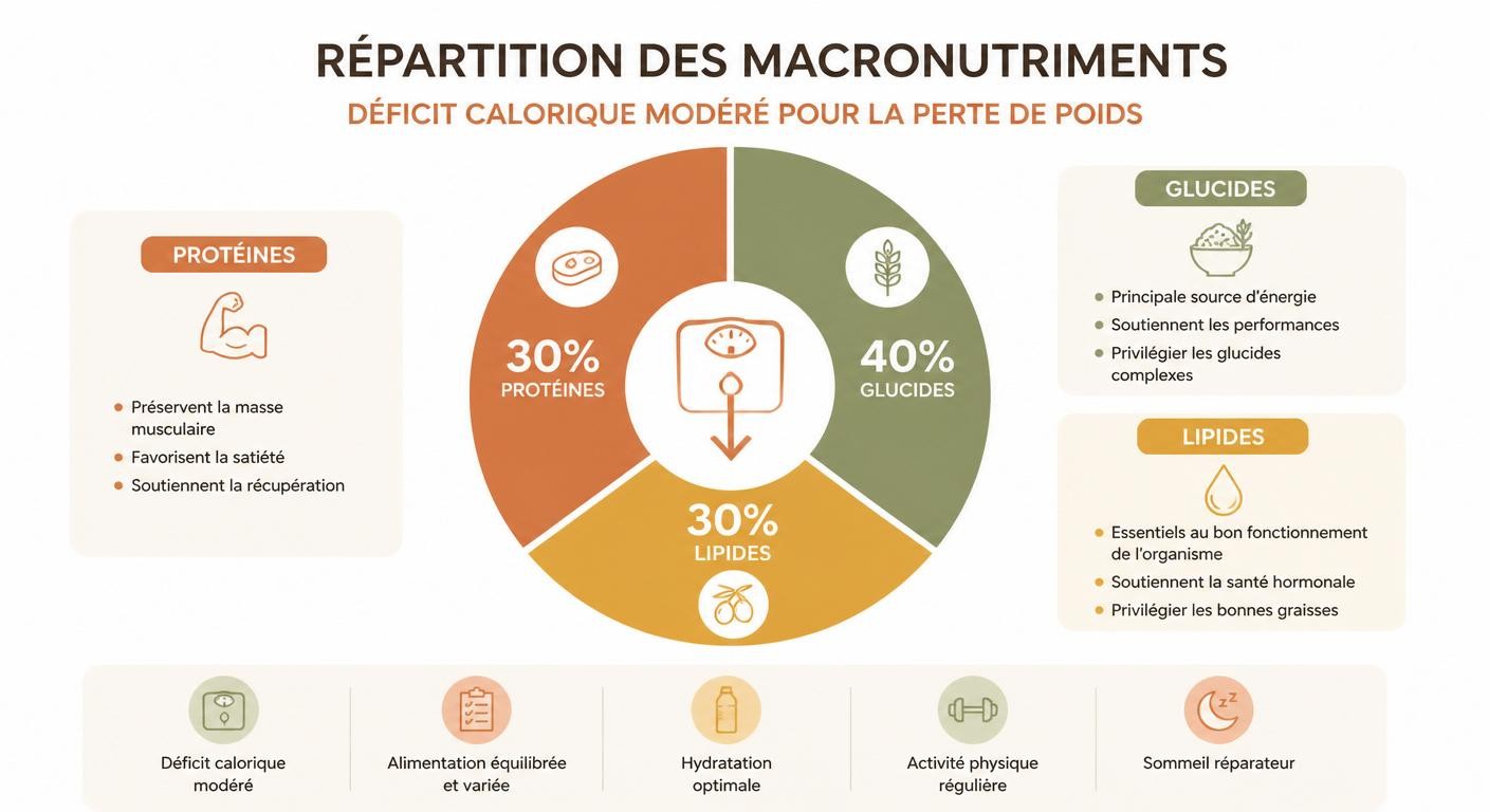 Infographie de la répartition des macronutriments en déficit calorique pour maigrir