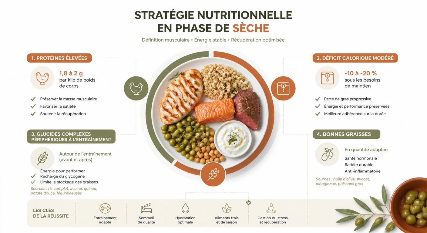 Infographie de la stratégie nutritionnelle du sportif en sèche pour préserver la masse musculaire