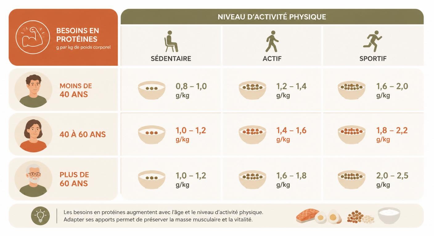 Infographie d'adaptation des besoins en protéines selon l'âge et le niveau d'activité pour maigrir