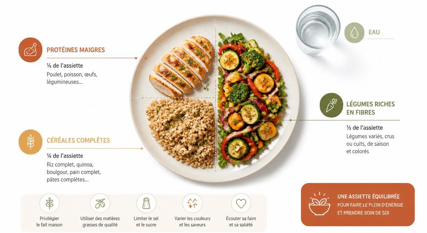 Infographie de l'assiette rassasiante associant protéines et fibres