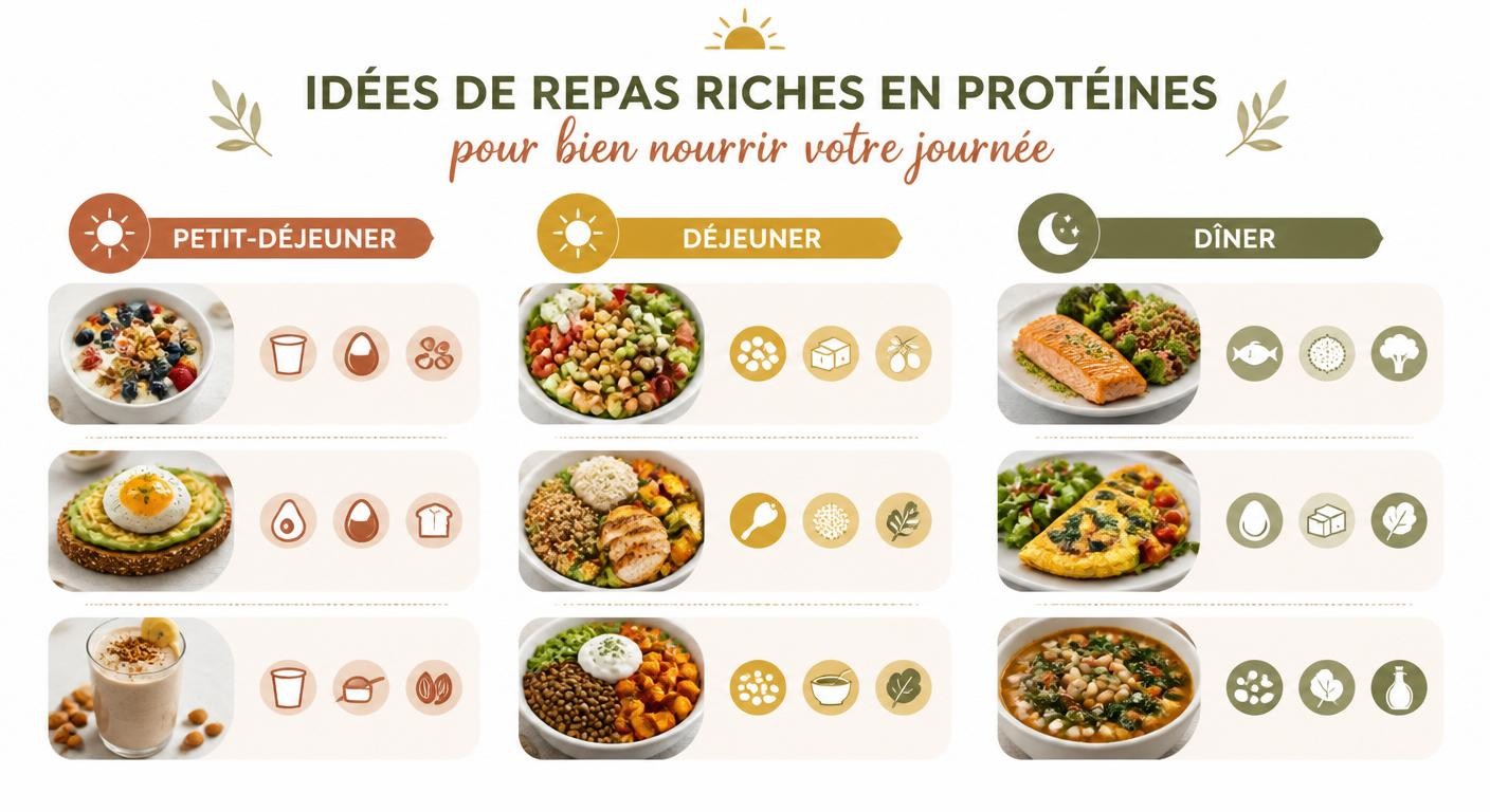 Infographie d'idées de repas protéinés du matin au soir pour maigrir