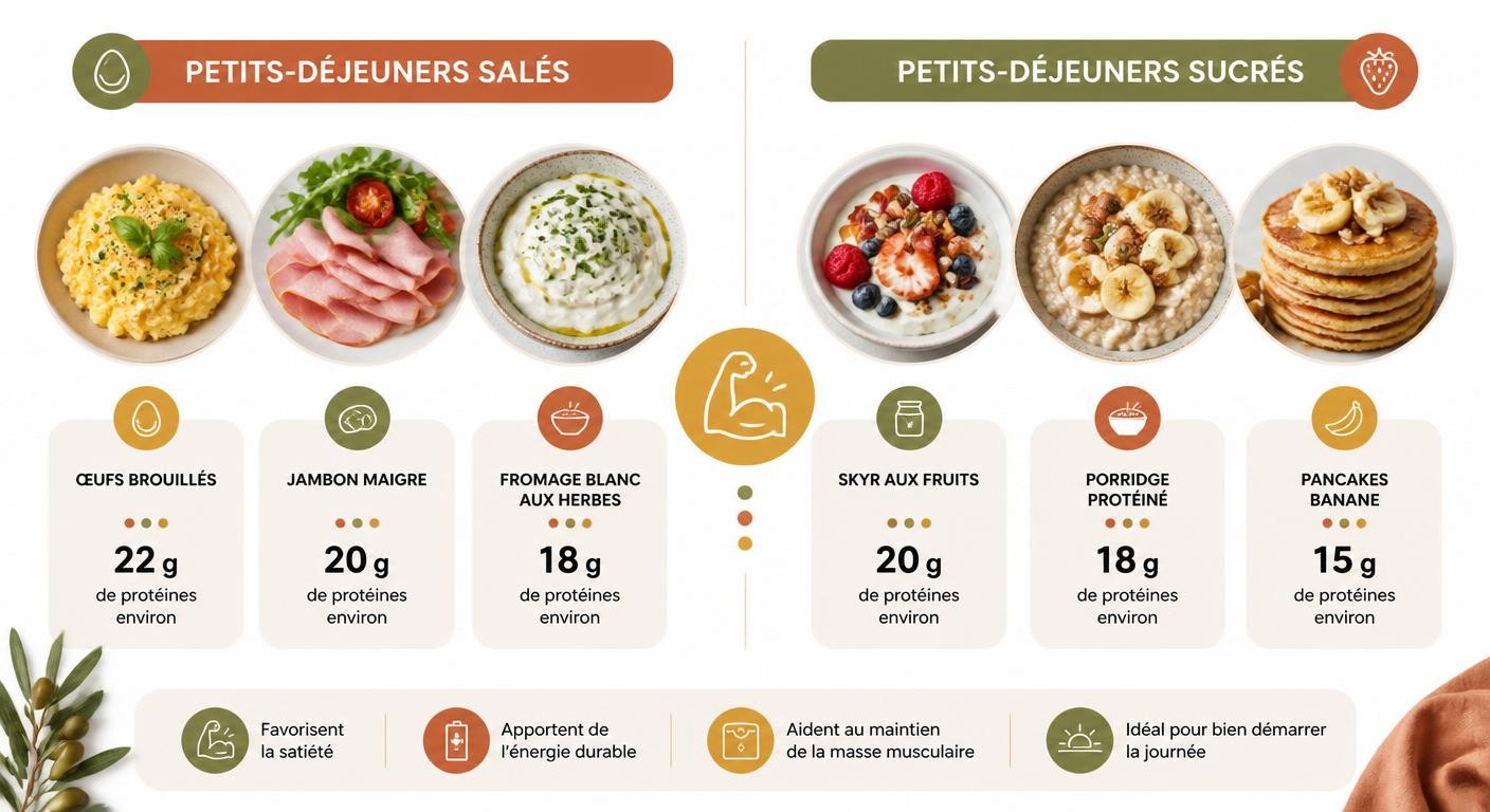 Infographie des idées de petit-déjeuner protéiné salé et sucré pour maigrir