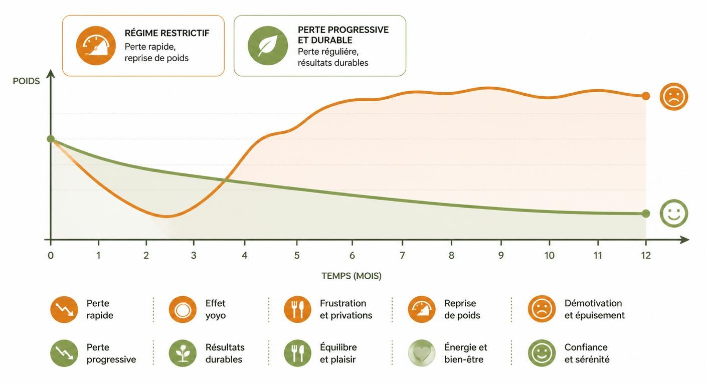 Comparaison de la courbe de poids entre régime restrictif et perte de poids progressive
