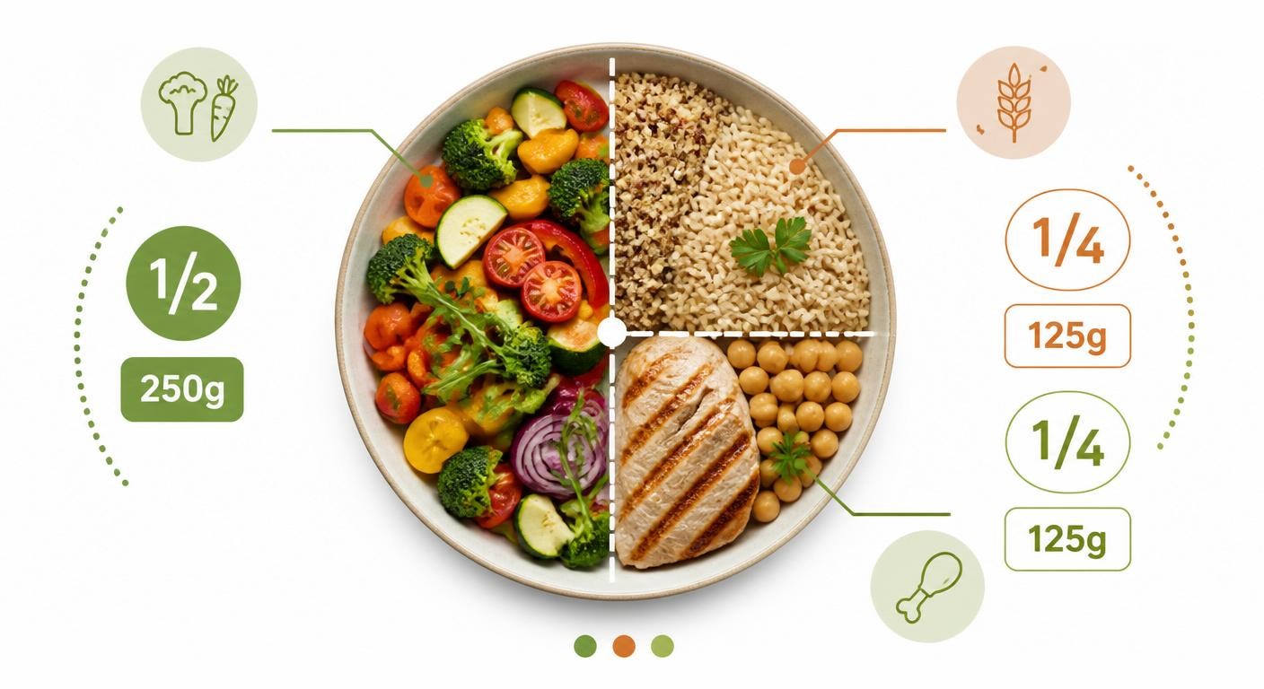 Assiette équilibrée pour maigrir divisée en moitié légumes, quart féculents, quart protéines