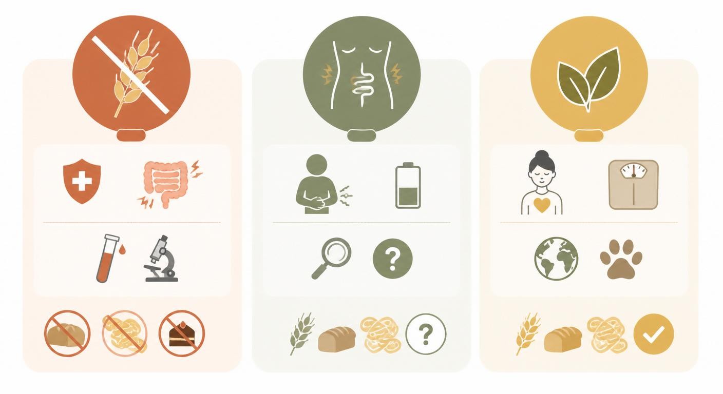 Infographie comparant maladie cœliaque, sensibilité au gluten et choix volontaire
