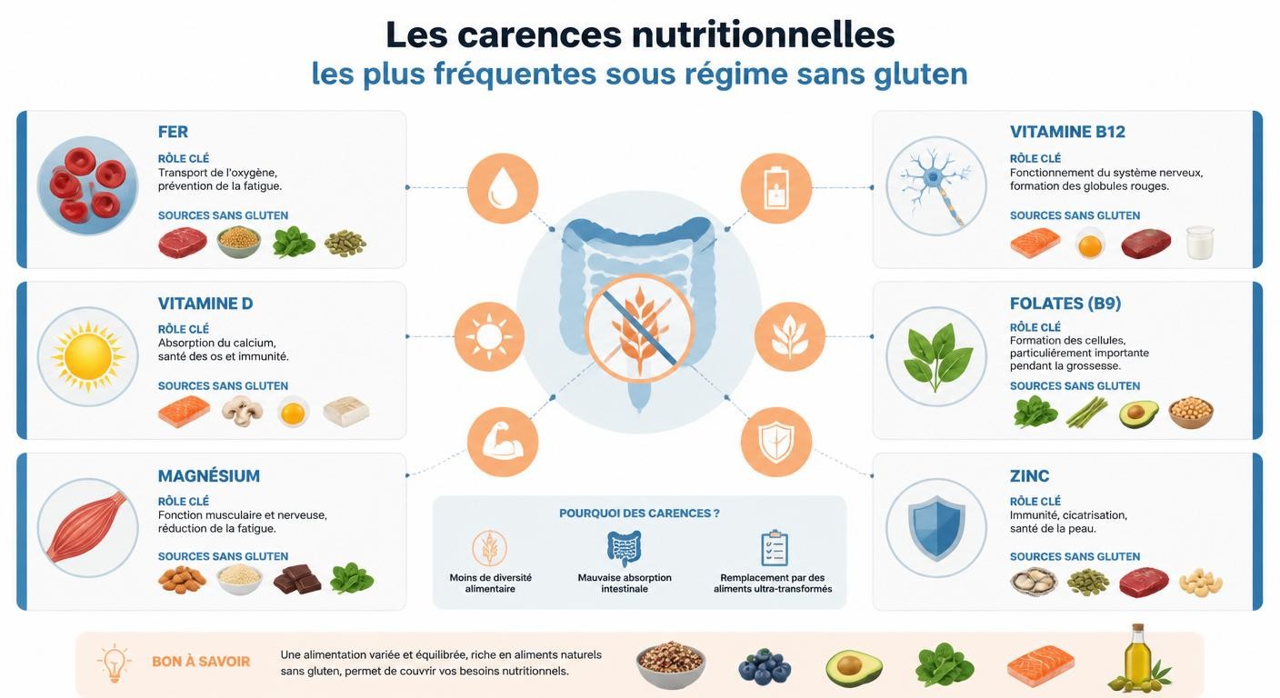Infographie cartographiant les principales carences sous régime sans gluten
