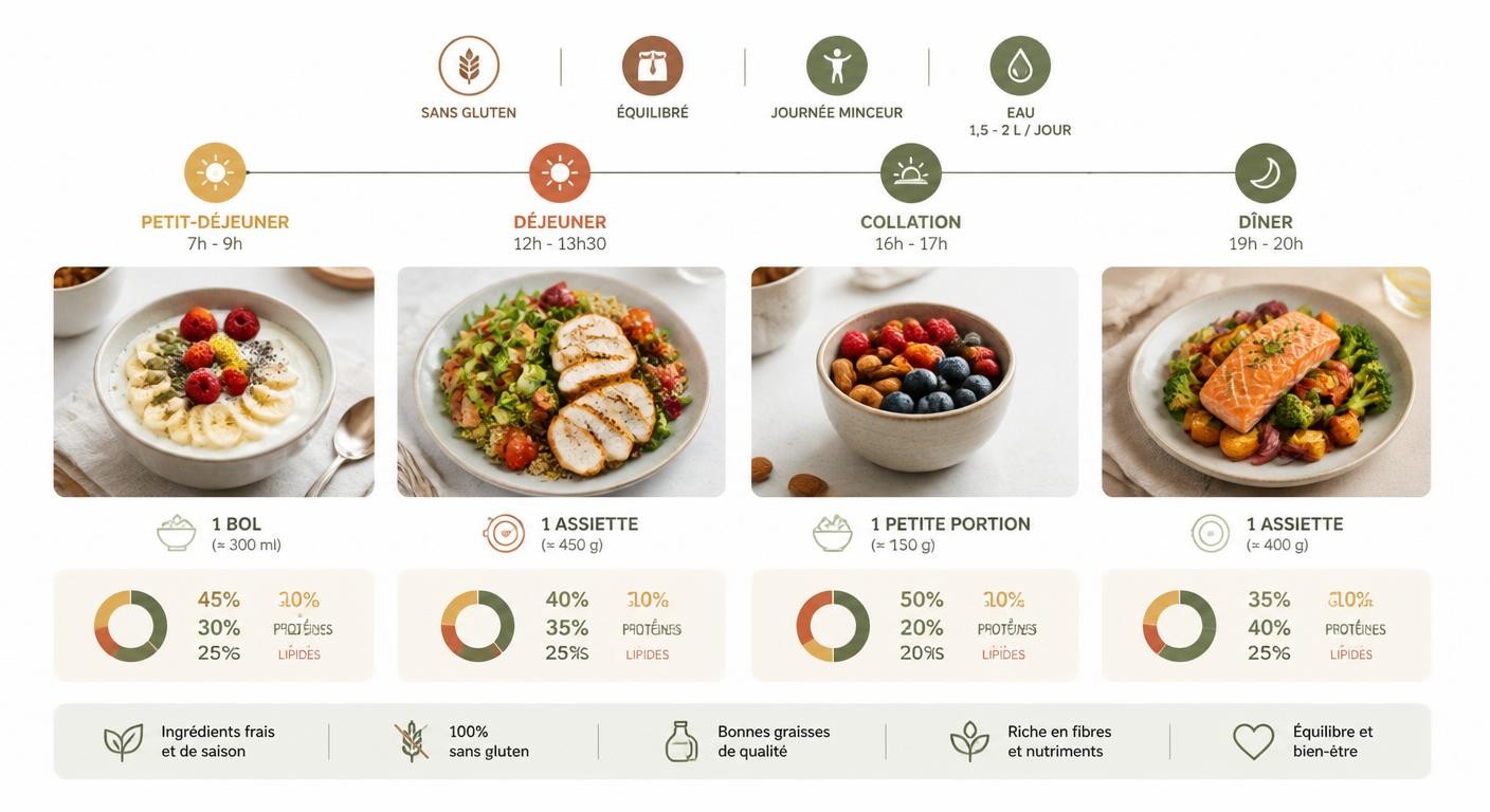Infographie d'une journée minceur sans gluten équilibrée