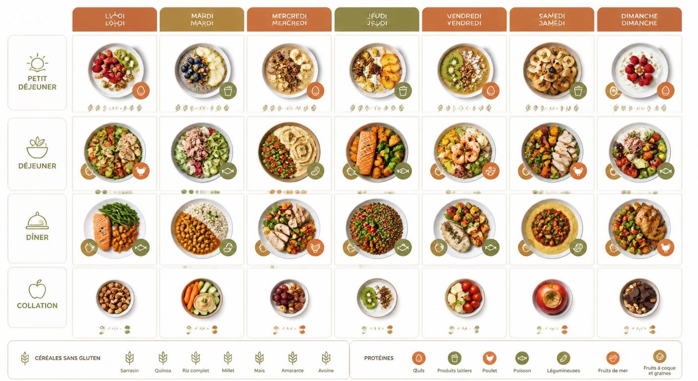 Infographie du planning hebdomadaire sans gluten équilibré sur 7 jours