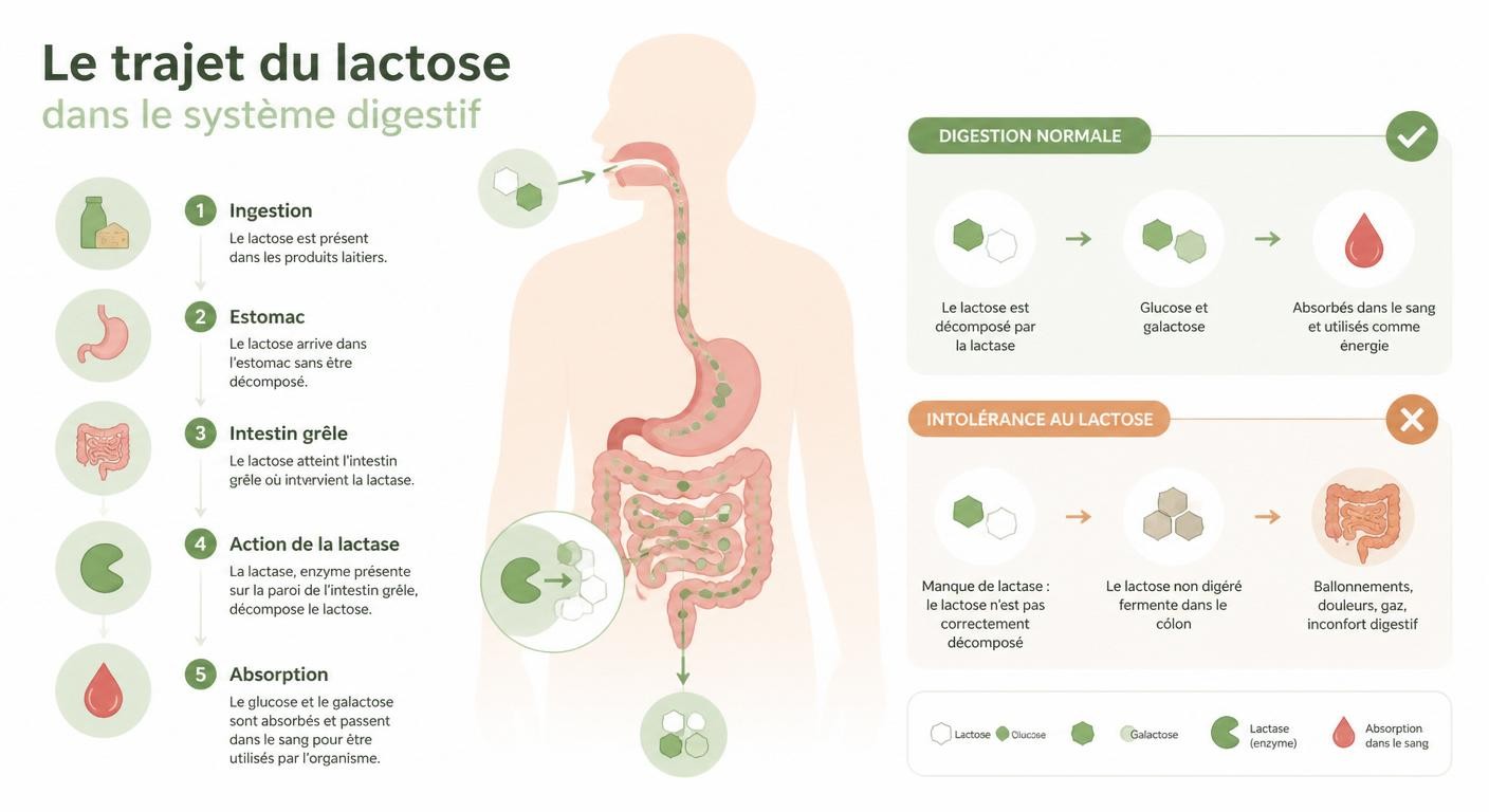 Schéma pédagogique de la digestion du lactose et du rôle de la lactase