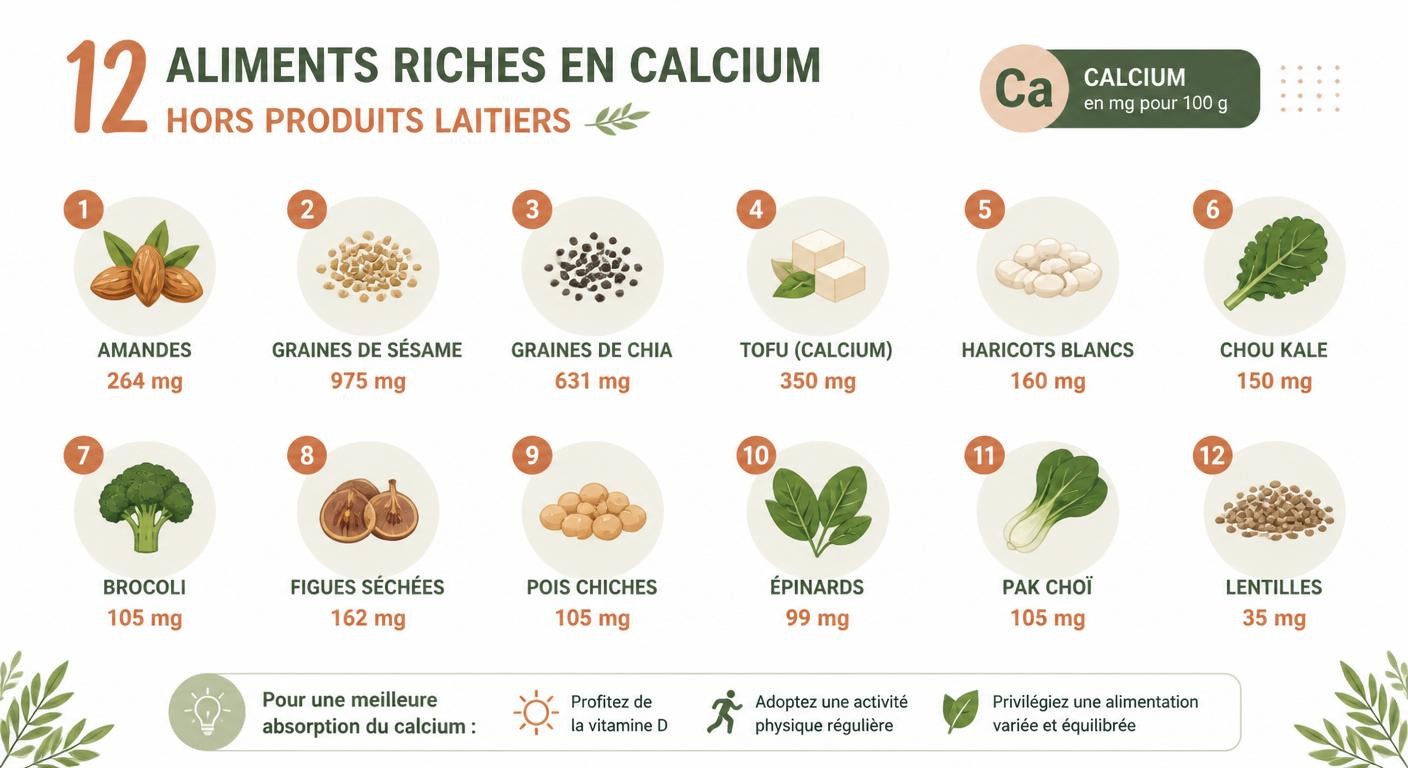 Infographie des 12 aliments les plus riches en calcium sans produits laitiers