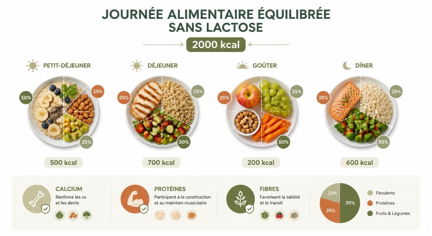 Infographie d'une journée type sans lactose équilibrée à 2000 kcal