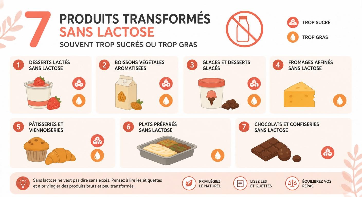 Infographie des 7 produits transformés sans lactose à surveiller pour la perte de poids