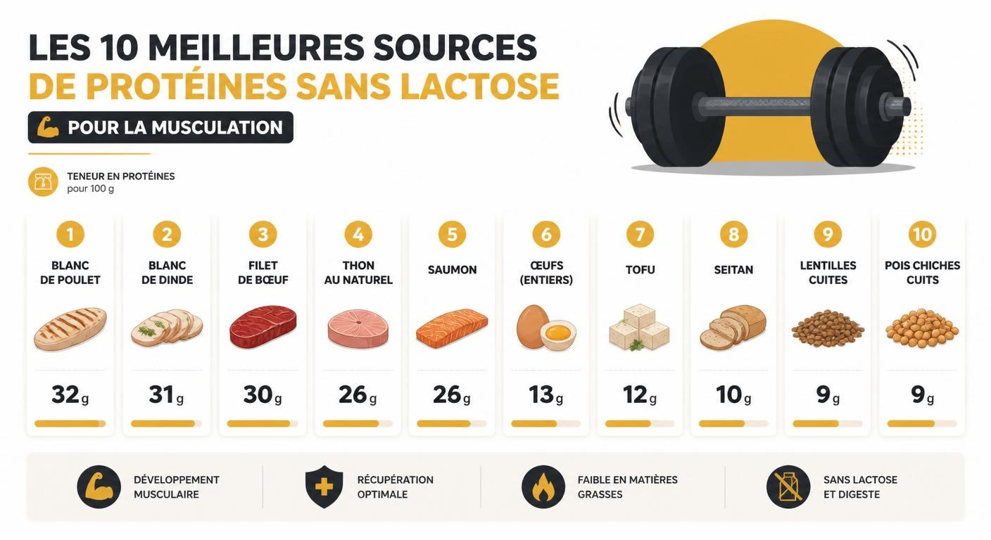 Infographie des 10 sources de protéines sans lactose pour la musculation