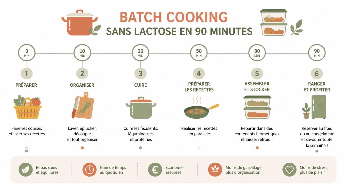 Infographie du déroulé d'une session de batch cooking sans lactose en 90 minutes