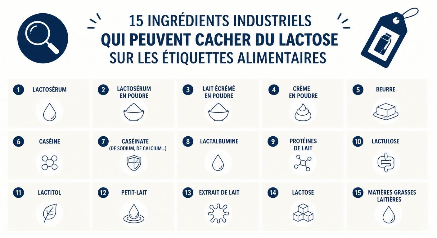 Infographie des 15 ingrédients industriels masquant du lactose sur les étiquettes