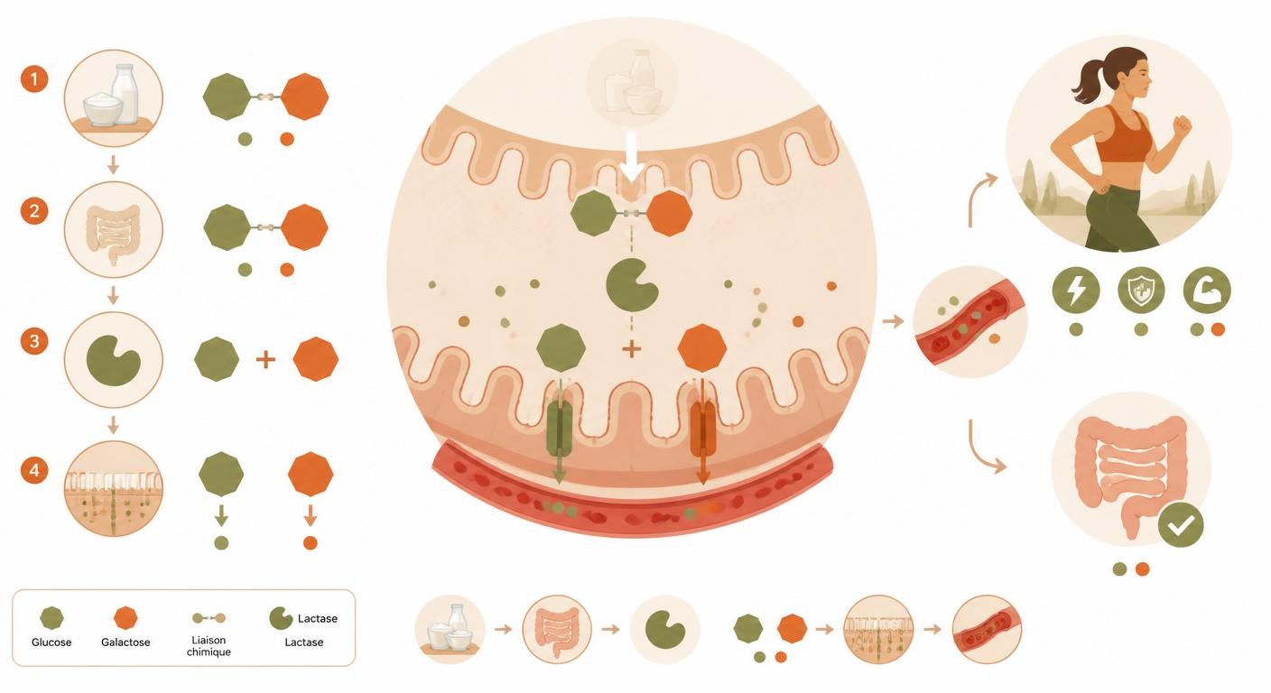 Schéma de la digestion du lactose par la lactase dans l'intestin
