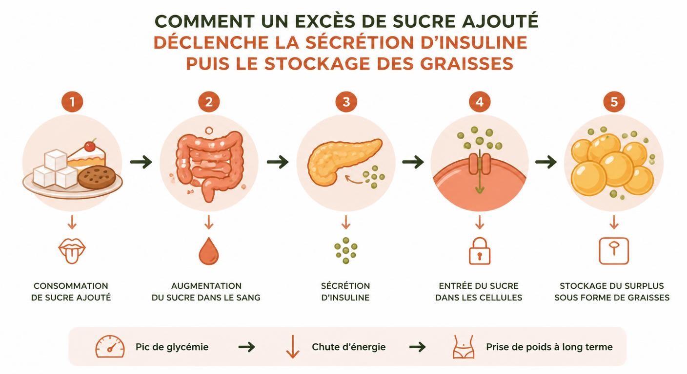 Infographie expliquant le rôle de l'insuline et du sucre dans le stockage des graisses
