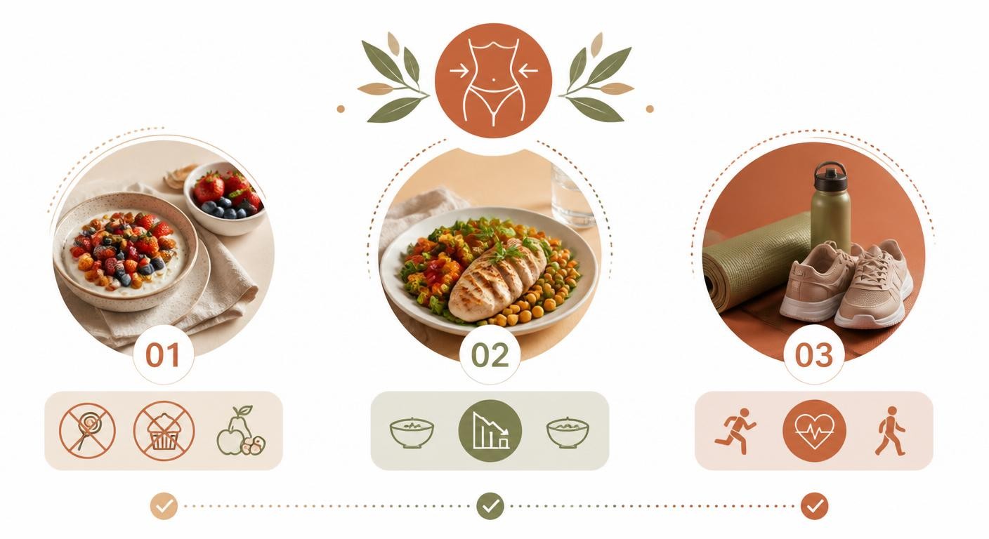 Infographie associant sans-sucre, déficit calorique modéré et activité physique