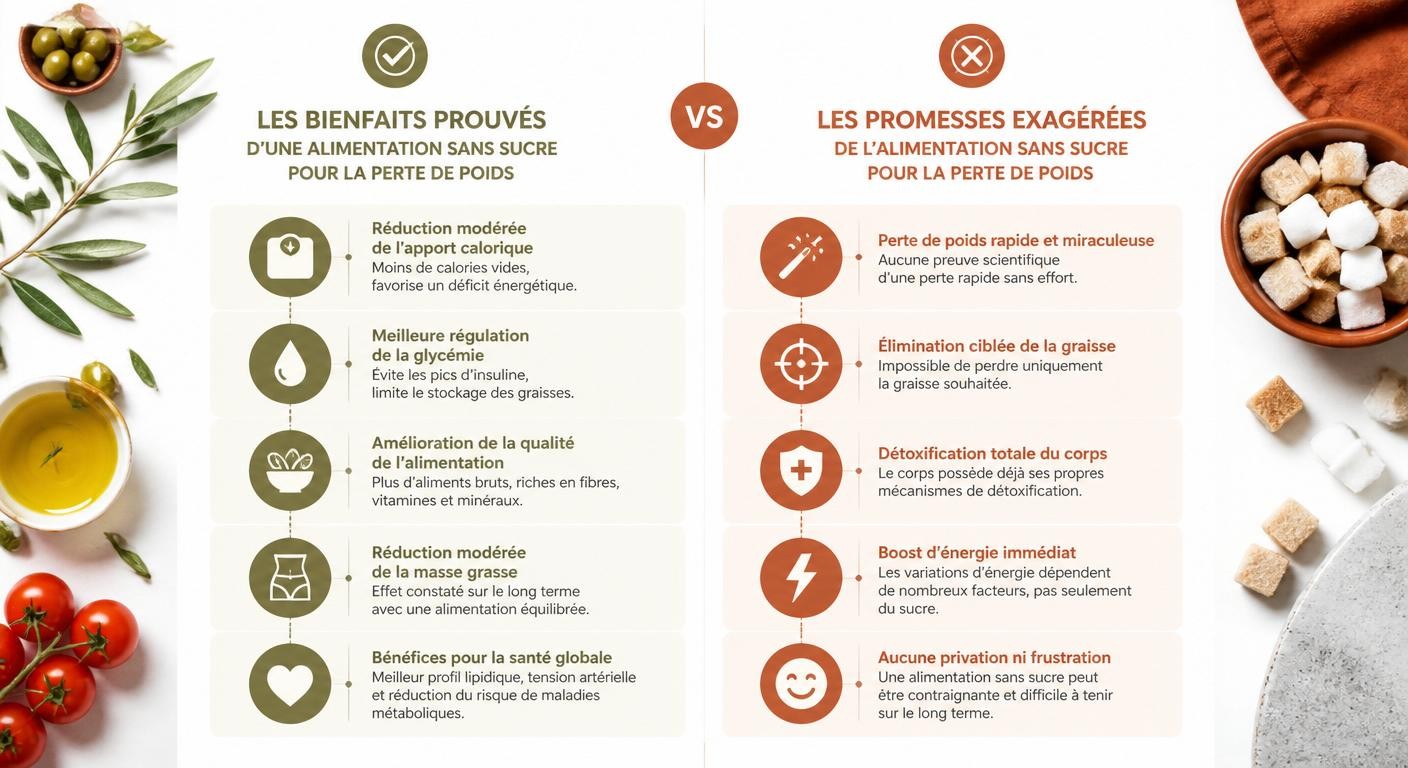 Infographie comparant les bienfaits prouvés et les promesses exagérées du sans-sucre