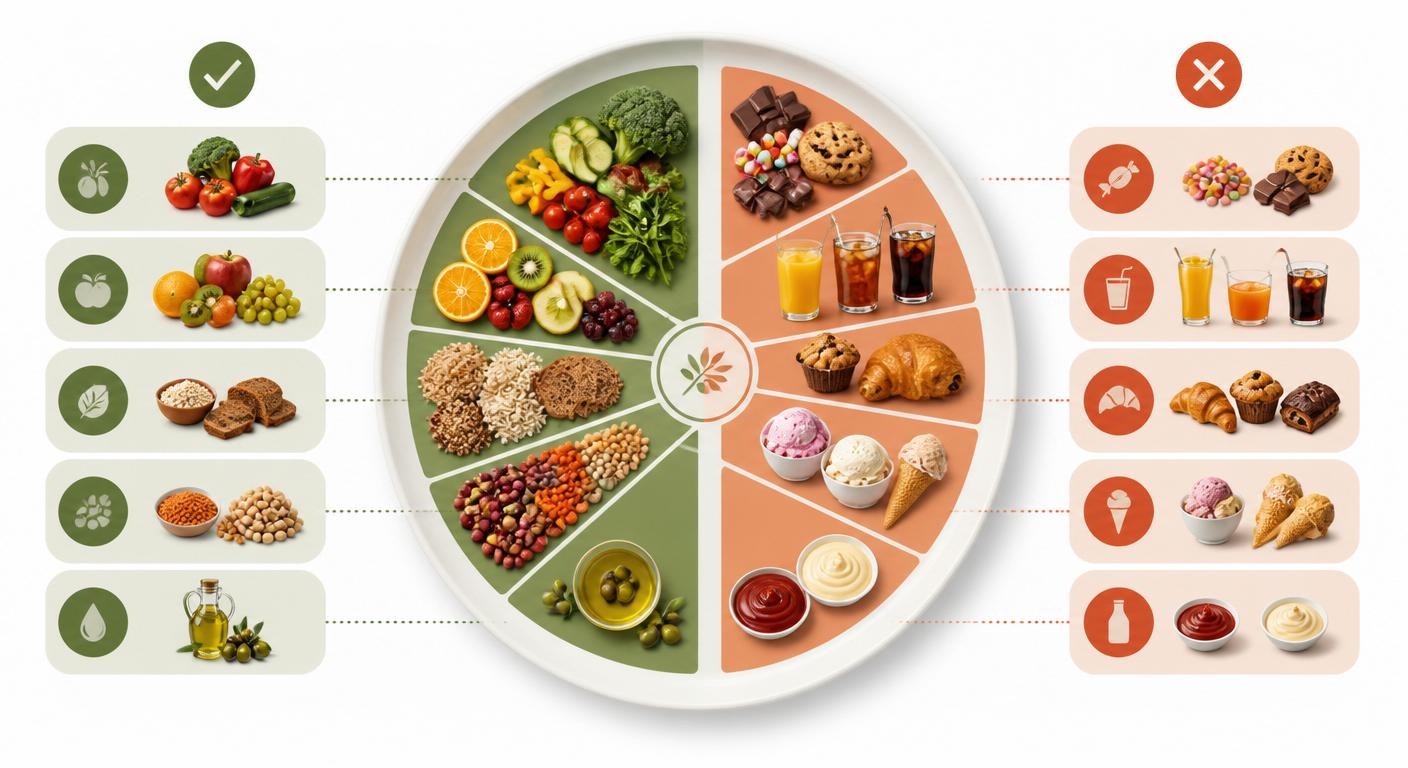 Infographie des aliments à privilégier et à limiter dans une alimentation sans sucre