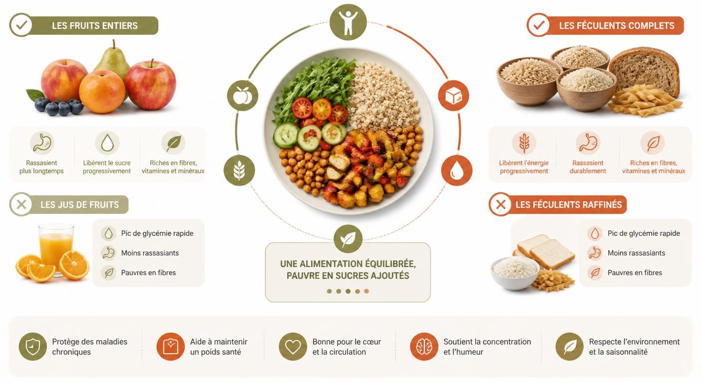 Infographie sur la juste place des fruits entiers et des féculents complets dans l'alimentation sans sucre
