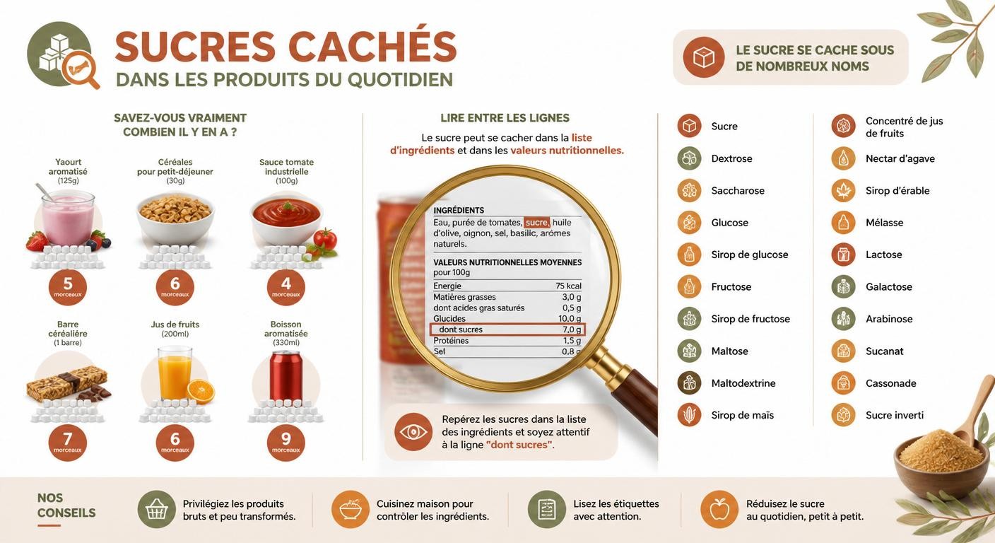 Infographie des sucres cachés et des différents noms du sucre sur les étiquettes