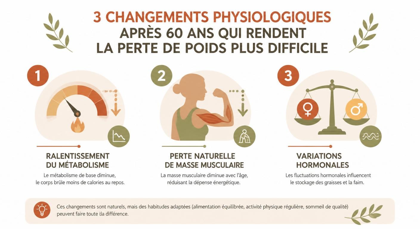 Infographie des trois changements du corps après 60 ans qui rendent la perte de poids plus difficile
