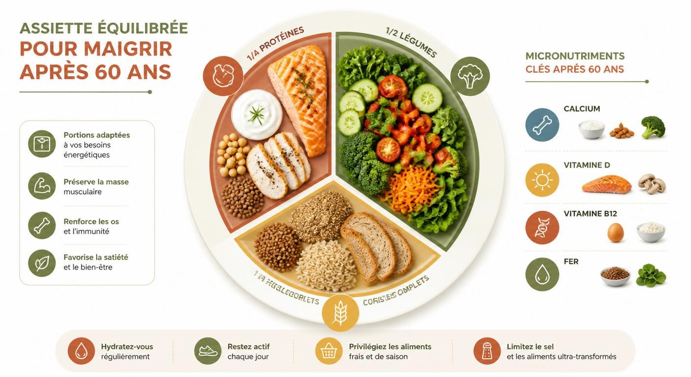 Infographie de l'assiette équilibrée pour maigrir senior avec proportions protéines légumes féculents